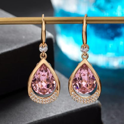 Austrian Crystal Halo Teardrop Hollow Drop Dangle Earrings for Women 14K Rose Gold Plated Hypoallergenic Jewelry Gifts - color: Pink