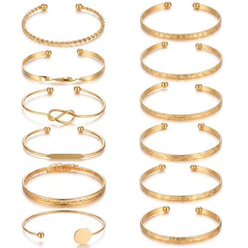 Gold Bangle Bracelets for Women, 12 Pcs Multi Layer Stackable Boho Bracelet Set 14K Gold Plated Textured Golds Bangle Bracelets Adjustable Fashion Jewelry Set