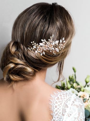 SWEETV Hair Comb, Handmade Rose Gold Bridal Hair Accessory for Weddings and Brides - 4.72 * 2.75 Inch, 2.Rose Gold | Handmade Gold Hair Piece Wedding Hair Accessories, Bridal Hair Comb Bridal Hair Pieces Wedding Hair Clip 4.72 * 2.75 Inch - color: 2.Rose