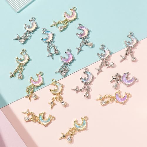 Moon Charms for Jewelry Making Alloy StarCharms Glass Golden Silver Metal Pendants for DIY Earring Bracelet - color: Mixed Color