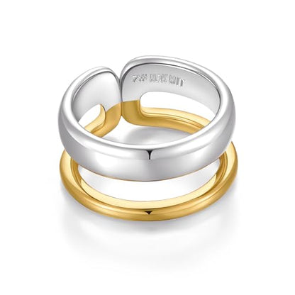 NOKMIT Two-Tone Chunky Stackable Rings for Women, 14K Gold & Silver Plated Mixed Metal Statement Thumb Bands, Classic High Polish Non Tarnish Comfort Fit Size 6-10