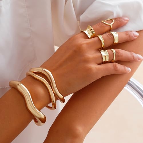 Chunky Gold Bangle Bracelets for Women Trendy Irregular Statement Cuff Bracelets Stack Wide Minimalist 3PCS Bangle Set Jewelry - style: Gold B