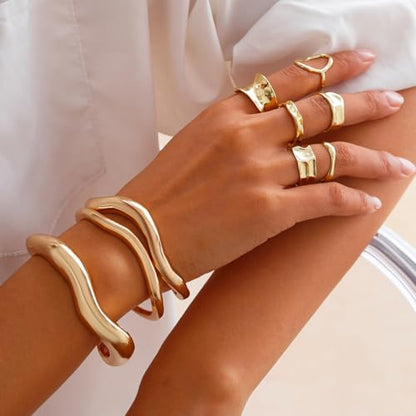 Chunky Gold Bangle Bracelets for Women Trendy Irregular Statement Cuff Bracelets Stack Wide Minimalist 3PCS Bangle Set Jewelry - style: Gold B