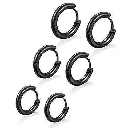 Stainless Steel Hoop Earrings for Men - Hinged Hoop Huggie Piercing Earrings Set For Men Women, Hypoallergenic Lobes Small Round Earrings - color: Black(Inner Diameter 8mm/10mm/12mm