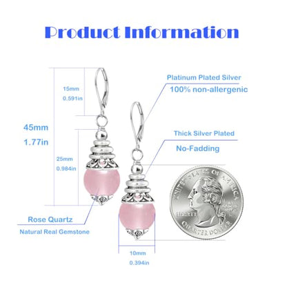 Natural 10mm Stone Beads Drop Earrings,Retro Silver Round Quartz Crystal Gemstone Beads Dangle Earrings for Women - color: A17_Rose Quartz