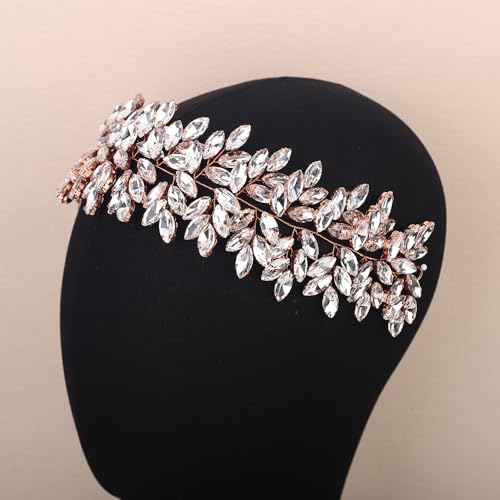 Missgrace Women Silver Green Black Red Blue Handmade Full Crystal Rhinestone Large Headband Hair Vine Shinny Headpiece Bridal Wedding Hair Accessories for Women (Rose gold) - color: Rose gold