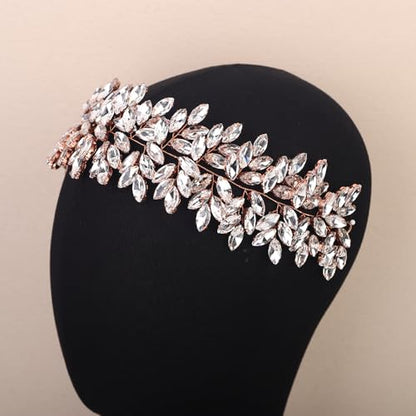Missgrace Women Silver Green Black Red Blue Handmade Full Crystal Rhinestone Large Headband Hair Vine Shinny Headpiece Bridal Wedding Hair Accessories for Women (Rose gold) - color: Rose gold