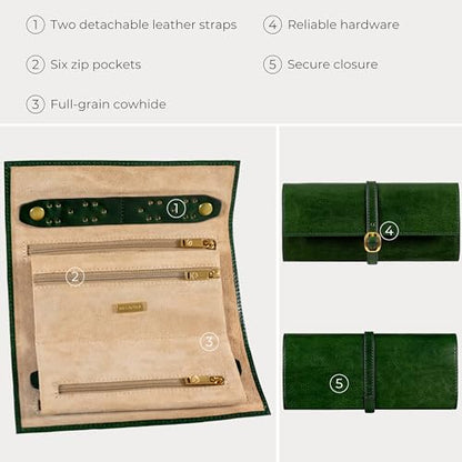 Time Resistance Leather Jewelry Roll - Full Grain Leather Travel Jewelry Case - Jewellery Organizer Made in Italy (Green) - color: Green