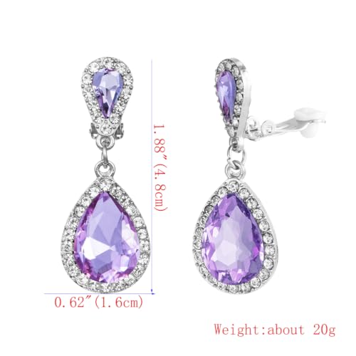 Classic Austrian Crystal Tear Drop Clip on Dangle Earrings for Women - color: purple,silver
