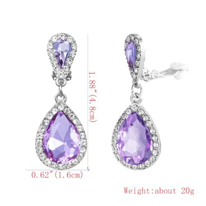 Classic Austrian Crystal Tear Drop Clip on Dangle Earrings for Women - color: purple,silver