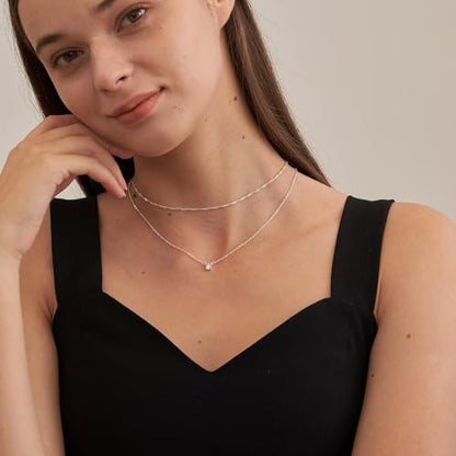 Dainty Sterling Silver Plated Diamond Choker Necklace for Women | Layered Created Diamond Pendent Necklace Set Non Tarnish, Stackable Cuban Chain Choker Jewelry - color: Silver-01