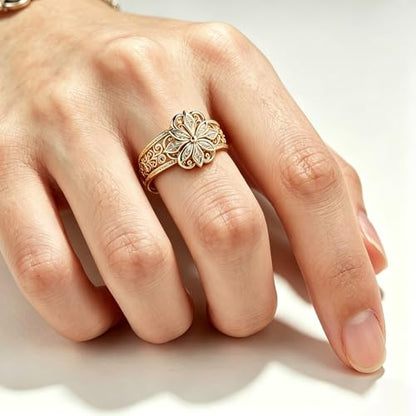 Chunky Gold Flower Ring For Women, Vintage Classic Engraved Hollow Plumeria Flower Pattern Stackable Thumb Ring, Promise Stackable Wedding Engagement Couples Men Jewelry Gift