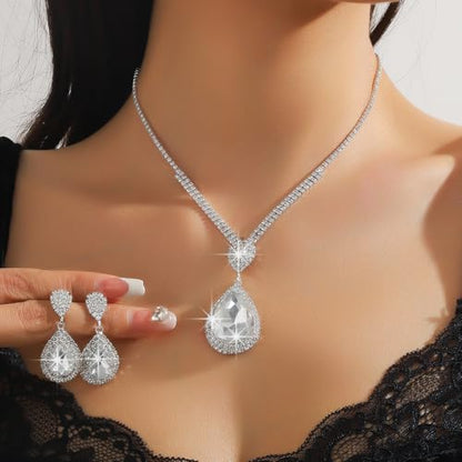 Fashion Red Black Colorful Bridal Teardrop Layered Crystal Necklace Earrings Set Sparkly Rhinestone Crystal Elegant Bridal Teardrop Shape Choker Earrings For Prom Costume Set Christmas Halloween Full Rhinestone Choker Necklace Earrings for Women - color: