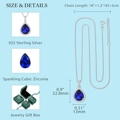 FJ Teardrop Pendant Necklace 925 Sterling Silver Birthstone Jewelry for Women - color: 09 September-Sapphire