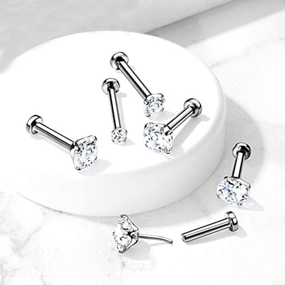 16G-20G G23 Implant Grade Titanium Threadless Push in Prong Set CZ Crystal Top Flat Back Labret Monroe Lip Nose Cartilage Helix Tragus Conch Ear Lobe Barbell Stud - style: 20G; Length: 5/16"(8mm); CZ:3mm