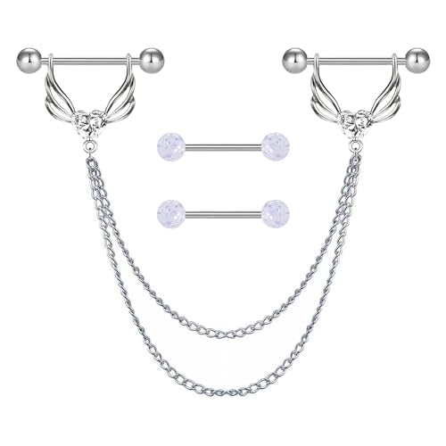 VERAMI 14G 316L Double Chain Connecting Heart CZ Nipple Rings Stainless Steel Skull Angel Piercing Barbell Body Pierced Jewelry for Women - color: Silver-B