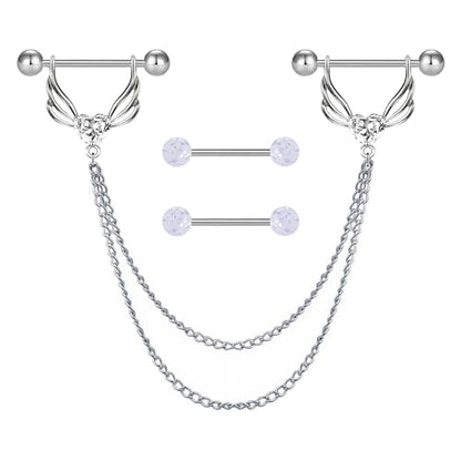 VERAMI 14G 316L Double Chain Connecting Heart CZ Nipple Rings Stainless Steel Skull Angel Piercing Barbell Body Pierced Jewelry for Women - color: Silver-B