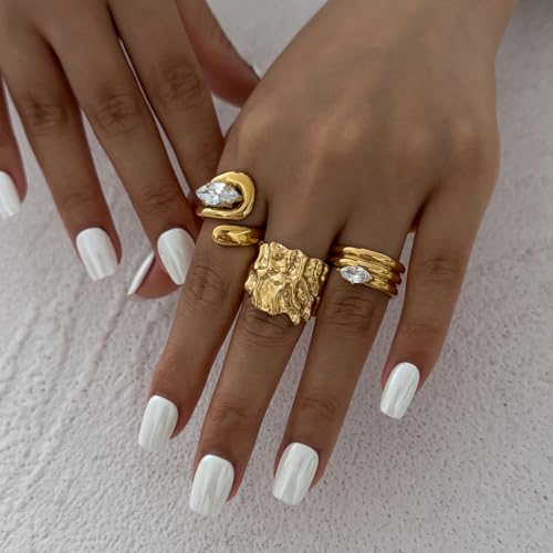 Chunky Gold Rings for Women Rhinestone Stackable Knuckle Ring Set Open Adjustable Statement Ring Set Dainty Crown Cross Midi Rings Fashion Jewelry Gift for Women - color: Gold3