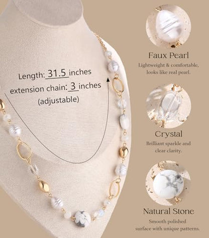 Long Gold Necklaces for Women Trendy Beaded Chain Necklace Chunky Costume Jewelry Gifts for Her - color: White Crackle