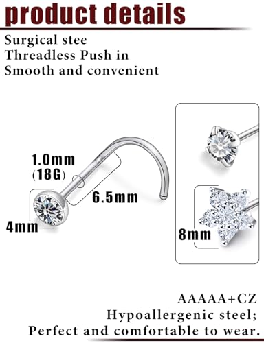 Prjndjw 20G Big Nose Stud Large Nose Studs Surgical Stainless Steel Straight Nose Studs 4mm CZ Paved CZ Nose Rings with 6-CZ Flower Ring for Women Men 11 Pieces - color: 4mm CZ Big 18G Silver Screw Curved Nose Stud