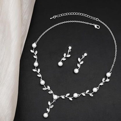 Elegant Bridal Jewelry Sets for Wedding Bride Leaf Shape Cubic Zirconia Necklace Earrings Bracelet Set Prom Costume Accessories - color: White CZ+White Pearl- Platinum