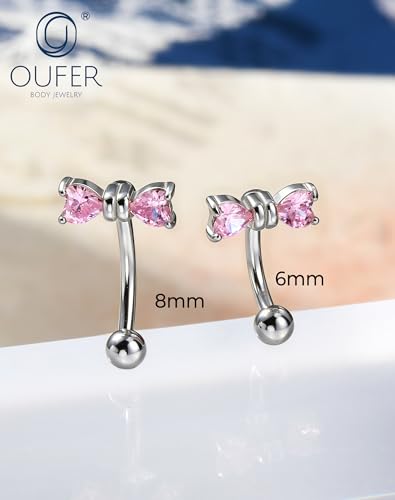 OUFER 16G Rook Earring Piercing Jewelry-316L Surgical Steel Pink Clear CZ Bow Eyebrow Rings, 6/8MM Curved Barbell Vertical Labret Lip Piercing Jewelry - color: Silver-PK