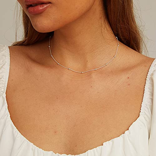 CHESKY 14K Gold Plated Silver Dainty Satellite Choker Necklace for Women | Layered Beaded Chain Necklace, Thin Choker Jewelry, Dainty Gold necklace, Minimalist Trendy Jewelry, Daily Gift for Women - style: Beaded-Silver