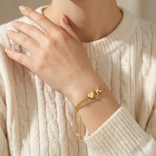Gold Plated Layered Initial Charm Bracelet for Women - Personalized A-Z Letter Jewelry with Satellite Chain, Adjustable Bracelet Gift for Her, Everyday Wear - color: Gold-K