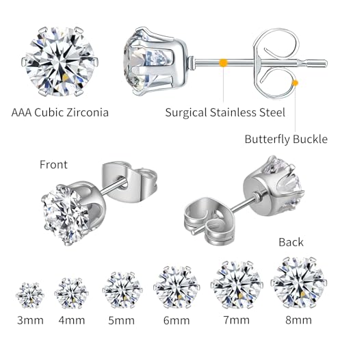 6 Pairs Silver Stud Earrings for Women 3-8 Mm 316L Hypoallergenic Cubic Zirconia Surgical Stainless Steel Earring Studs