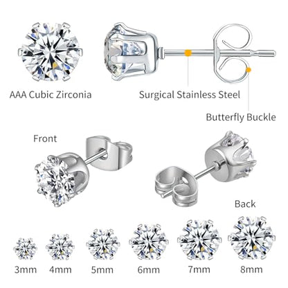 6 Pairs Silver Stud Earrings for Women 3-8 Mm 316L Hypoallergenic Cubic Zirconia Surgical Stainless Steel Earring Studs