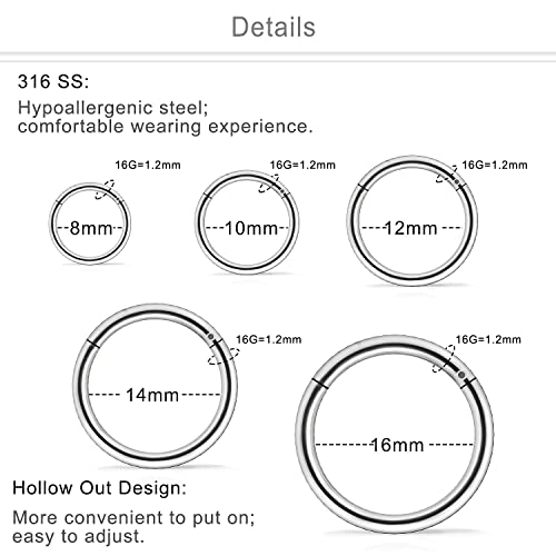 10PCS 16G Surgical Steel Hinged Clicker Segment Septum Lip Nipple Ring Hoop Cartilage Tragus Helix Sleeper Earrings Piercing Jewelry for Women Men 8mm 10mm 12mm 14mm 16mm - color: silver-tone