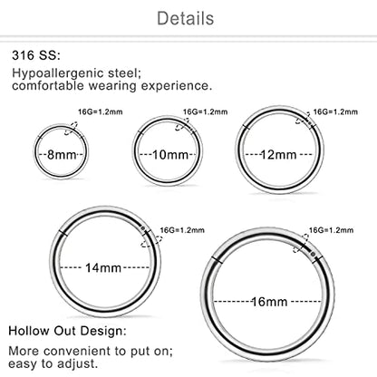 10PCS 16G Surgical Steel Hinged Clicker Segment Septum Lip Nipple Ring Hoop Cartilage Tragus Helix Sleeper Earrings Piercing Jewelry for Women Men 8mm 10mm 12mm 14mm 16mm - color: silver-tone