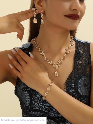 Kamirola Bridal Jewelry Set, Jewelry Set for Women, Necklace Dangle Earrings Bracelet Set, White Gold Plated (TR76) - color: Champagne