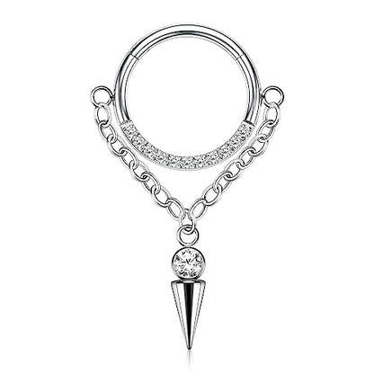 AROWRO Chain Septum Rings 316L Surgical Steel Septum Clicker Daith Piercing Jewelry Dangle Nose Rings for Women 16G 8/10mm Conch Cartilage Hoop Seamless Hinged Septum Jewelry with Clear CZ/Opal - color: Style-5-Silver cone dangle&Clear CZ, size: 16G-8mm