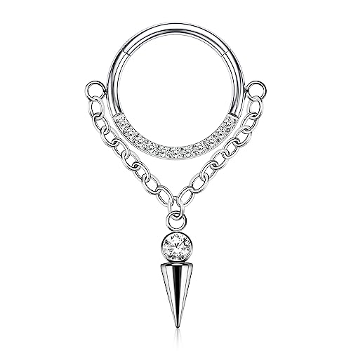 AROWRO Chain Septum Rings 316L Surgical Steel Septum Clicker Daith Piercing Jewelry Dangle Nose Rings for Women 16G 8/10mm Conch Cartilage Hoop Seamless Hinged Septum Jewelry with Clear CZ/Opal - color: Style-5-Silver cone dangle&Clear CZ, size: 16G-8mm