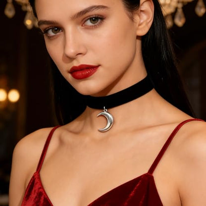 Black Choker for Women, Adjustable Layered Velvet Leather Lace Collar necklace, Goth necklace Gifts - color: Moon Silver