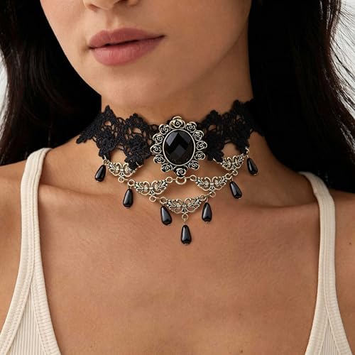 Black Necklaces for Women,Adjustable Layered Collar,Goth Jewelry - color: Gem