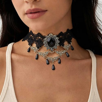 Black Necklaces for Women,Adjustable Layered Collar,Goth Jewelry - color: Gem