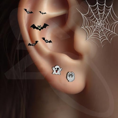 ZS 9Pcs 16G Halloween Labret Lip Rings Internally Threaded Piercing Jewelry | Bat Ghost Skull Monroe Medusa Piercing Jewelry Flat Back Conch Tragus Earrings for Women Men - color: SetA:Silver, size: L:8mm