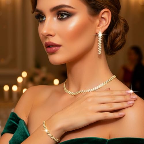 Aukmla Bridal Jewelry Set Silver Sparkly Choker Wedding Necklace Bracelet Earring Sets Prom Necklaces for Women and Brides - color: Gold