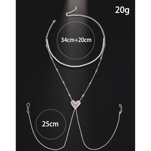 Sexy Rhinestone Heart Bra Body Chain Necklace Festival Rave Crystal Non Piercing Nipple Chain Jewelry Bikini Lingerie Nipple Body Jewelry for Women Party - color: Silver