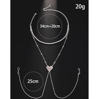 Sexy Rhinestone Heart Bra Body Chain Necklace Festival Rave Crystal Non Piercing Nipple Chain Jewelry Bikini Lingerie Nipple Body Jewelry for Women Party - color: Silver