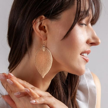 Leaf Earrings for Women - Gold or Silver Tone Filigree Dangle Earrings | Plated in Gold Tone or Silver Tone - color: 3.5" inch - Large Gold