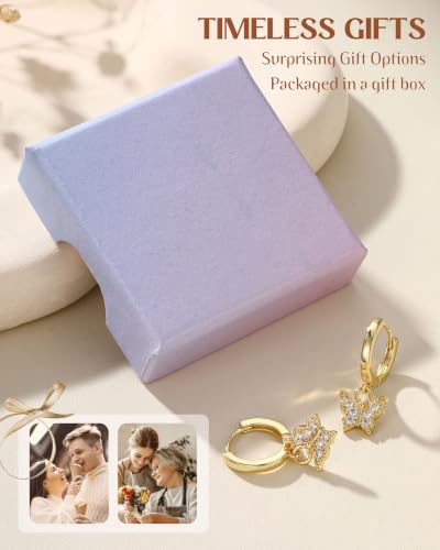 FIBO STEEL 14K Gold Plated Hoop Earrings with Charms for Women Huggie Hoops | Hypoallergenic 925 Sterling Silver Post Dangle Earrings Small Silver Gold Hoops Earring Cubic Zirconia Dangle Drop Jewelry - color: Butterfly - 14K Gold Plated