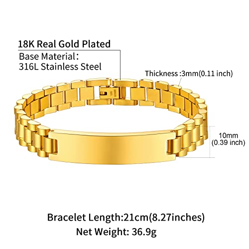 ChainsHouse Men Stainless Steel Bracelet Adjustable Custom ID Engraved Gift | Personalized Silver/Gold/Black for Birthday Father Husband Boyfriend with Gift Box Adjustable Tool 10mm/15mm/15.5mm 8.3"/8.7" - color: K.10mm Width-Gold-Custom