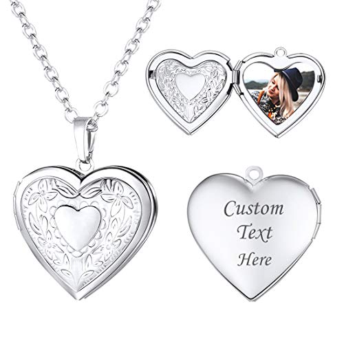 U7 Women Locket Necklace, Heart Photo Lockets Hold Picture, Gift Box Packed | Gold/Silver/Rose Locket Charm, Custom Picture and Engravement Heart Pendant, 20" Chain, Personalized Gift for Mom Wife Friend - color: 01# (Hot!)Platinum Heart