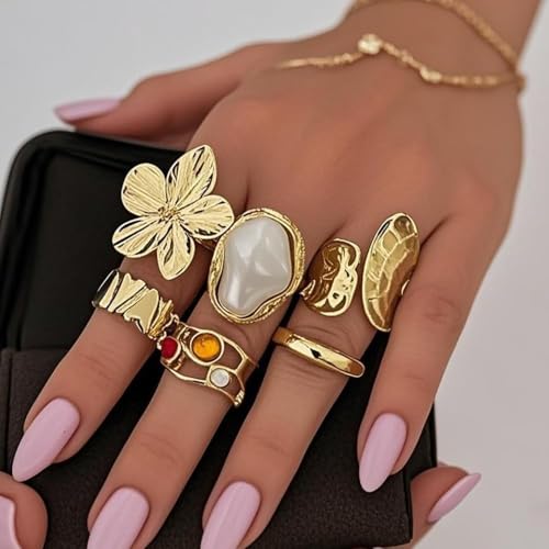 Chunky Gold Rings Set for Women Trendy Statement Flower Knuckle Ring Baroque Pearl Stack Ring Wrinkled Prom Outfits Accessories - color: Gold