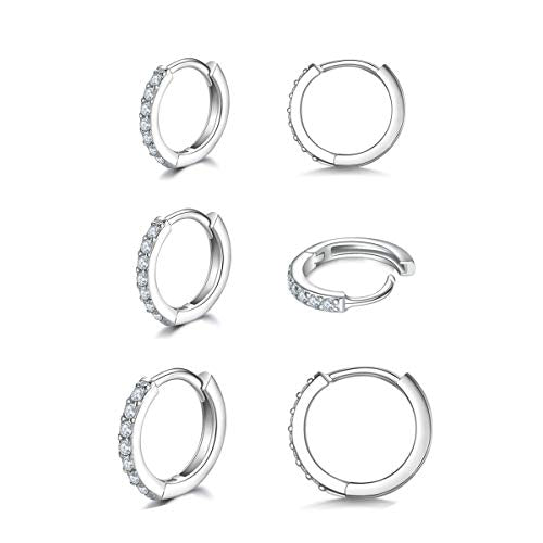 3 Pairs 925 Sterling Silver Small Hoop Earrings for Women Men | Cubic Zirconia, 14K White Gold Plated Huggie Hoop Earrings, Hypoallergenic - style: F-silver 8mm*2, 10mm*1