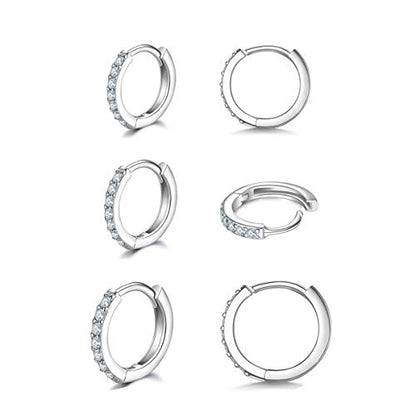 3 Pairs 925 Sterling Silver Small Hoop Earrings for Women Men | Cubic Zirconia, 14K White Gold Plated Huggie Hoop Earrings, Hypoallergenic - style: F-silver 8mm*2, 10mm*1