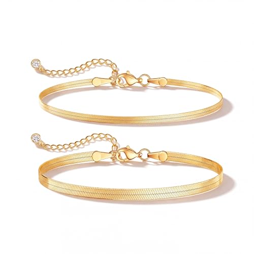 Robaice Adjustable Ankle Set for Women Waterproof, 14K Gold Plated | Layered Cuban, tennis, herringbone and clover chain styles, waterproof and non-tarnish for everyday wear or gifting - color: Herringbone - Gold (2pcs)